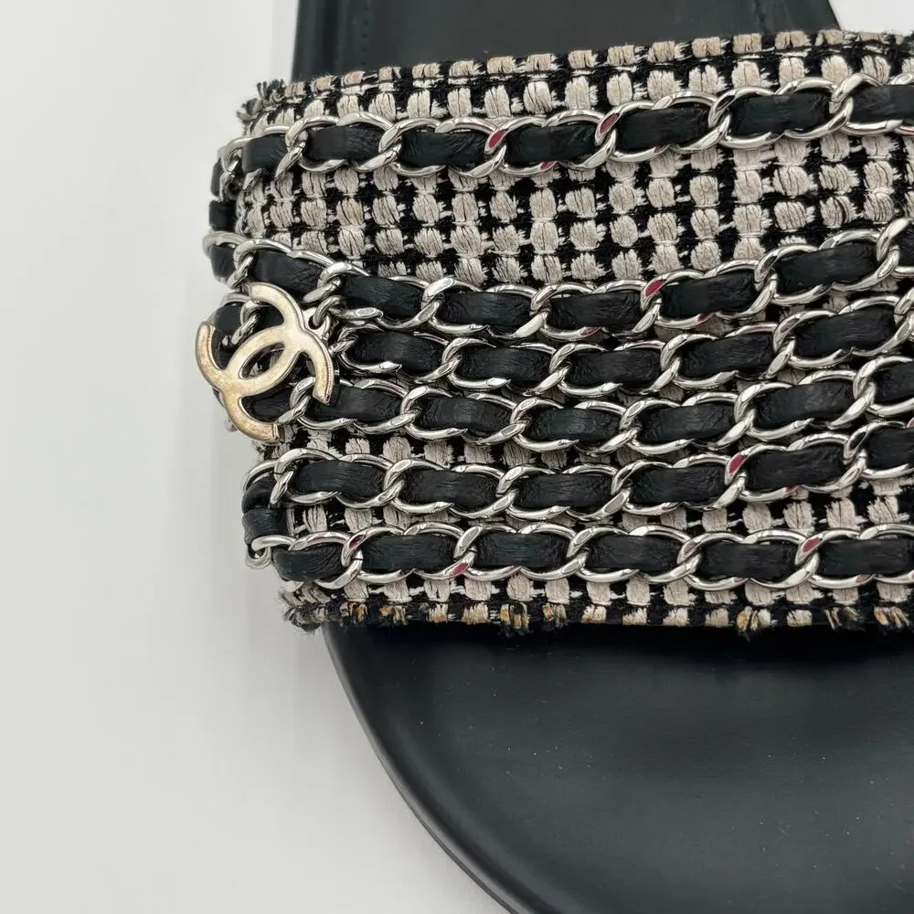 Chanel CC Chain Slide Sandals Flat Canvas Slip On Shoes Black Tweed Size 38